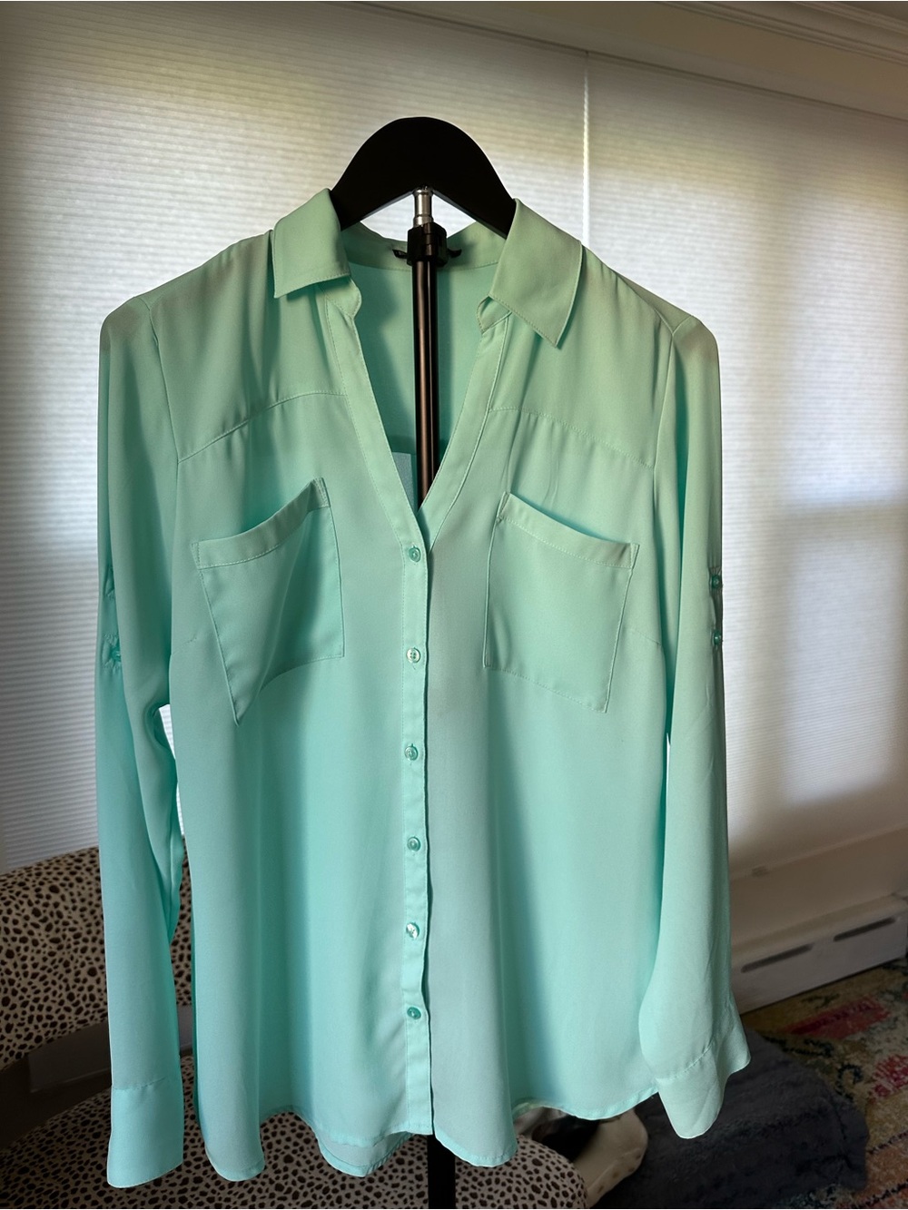 EXPRESS Portofino Light Aqua Button-Front Women's Blouse size Medium- Excellent